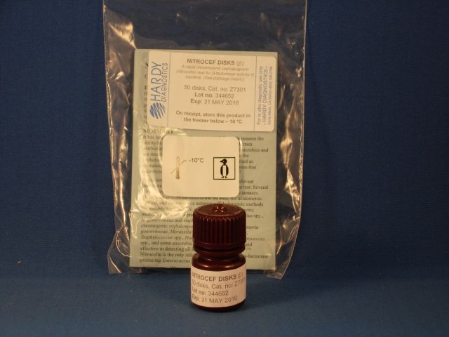 Nitrocefin test for beta lactamase - 50 disks.